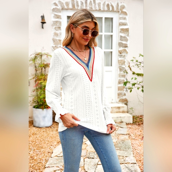 Eyelet Flounce Sleeve V-Neck Blouse. Hit The Like ♡ Button For SALE Price!! - Picture 1 of 3